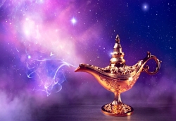 A gold Aladdin's lamp, with smoke and stars coming out of it on a purple and pink background